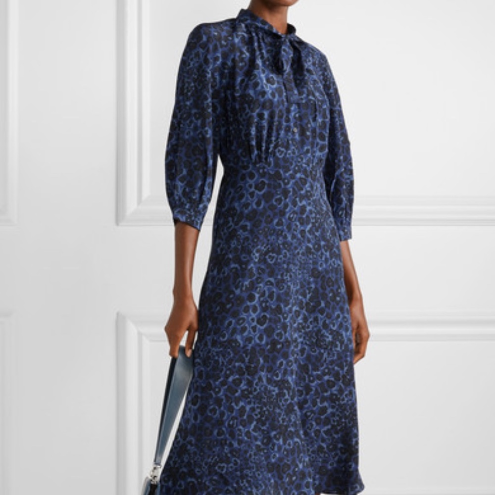 Cefinn Blue Leopard Print 100% Silk Tie Neck Midi Dress US 2